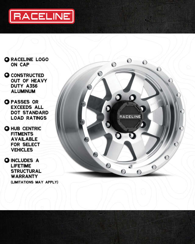 Raceline 935MC Defender 17x9in / 8x165.1 BP / -12mm Offset / 130.81mm Bore - Machined Wheel