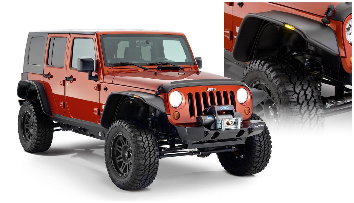 Black Jeep Flat Style Textured Finish 4-Piece Fender Flare Set For 2007-2018 Jeep Wrangler JK Unlimited 4-Door Bushwacker
