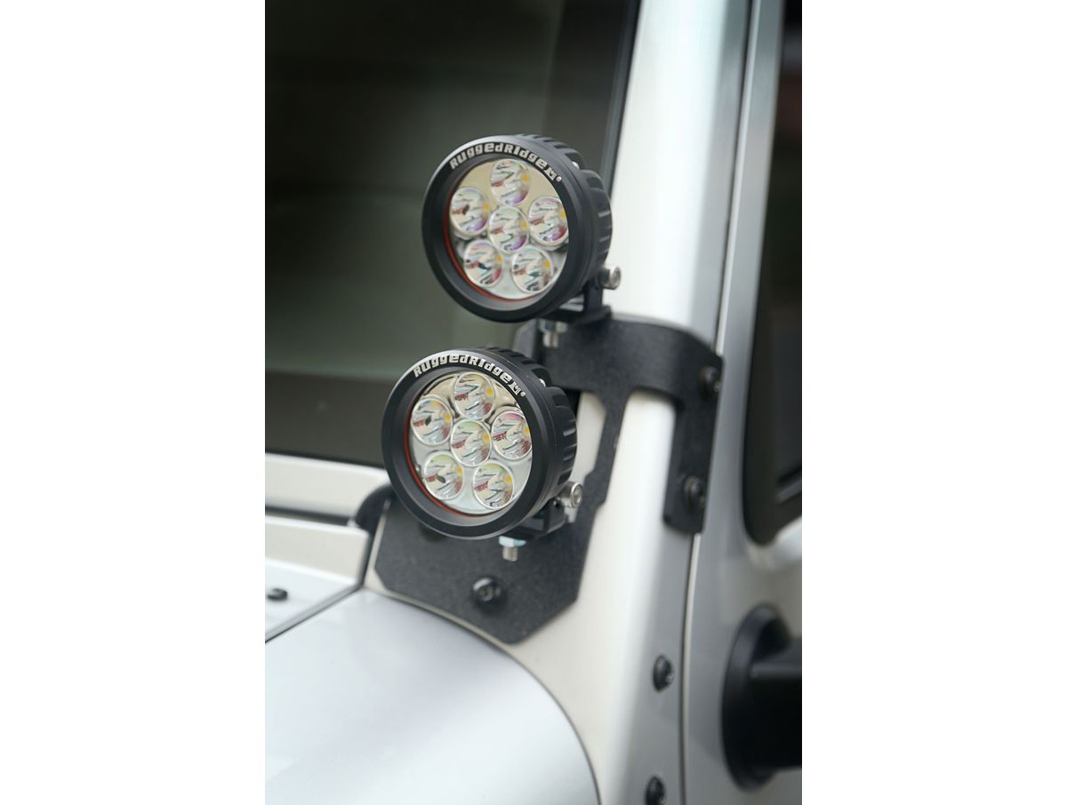 Light Mount Kit A-Pillar Textured Black Round LED 07-18 Wrangler Rugged Ridge
