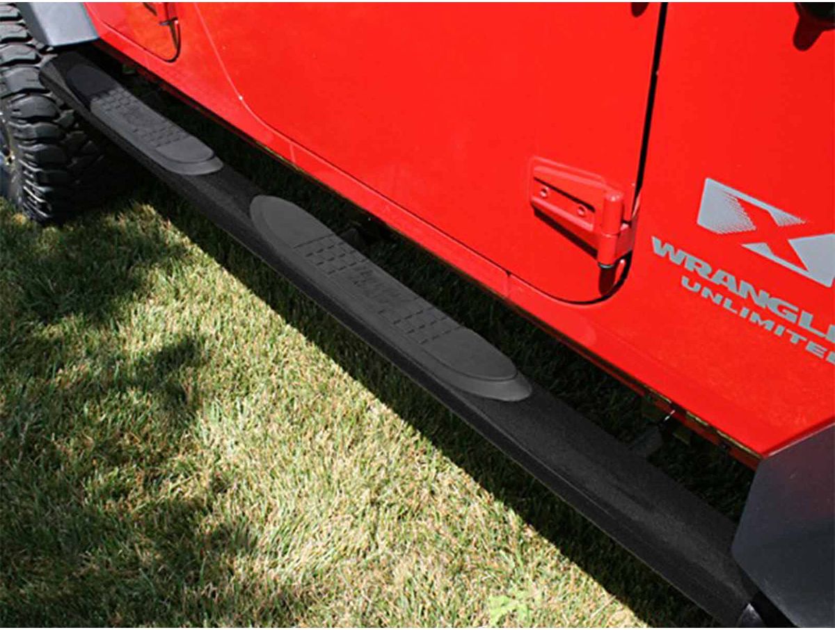 Tube Side Step Kit Oval 4.25 Inch Black 07-18 Wrangler JKU 4 Door Rugged Ridge