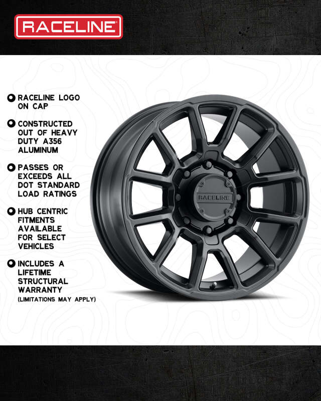 Raceline 950B Gauge 17x8.5in / 6x120 BP / 18mm Offset / 67.1mm Bore - Satin Black Wheel