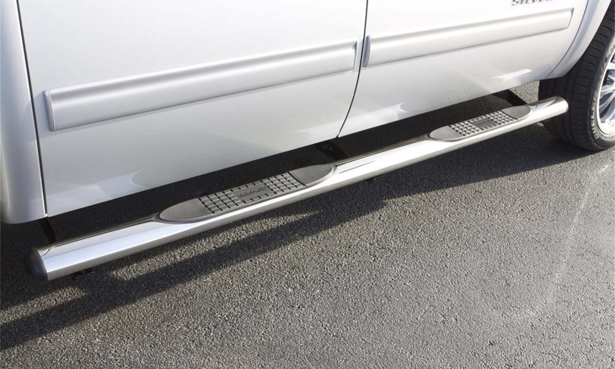 4 Inch Oval Straight Nerf Bars Polished Stainless 2019-2026 Silverado/Sierra 1500/2500/3500 Crew Cab Lund