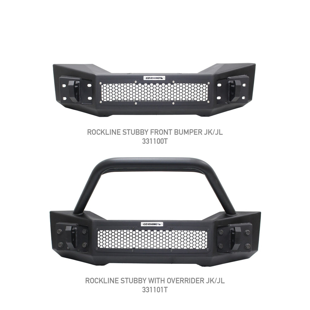 Rockline Front Stubby Bumper Textured Black 2007-2026 Jeep Wrangler JK/JL 2020-2025 Jeep Gladiator Go Rhino