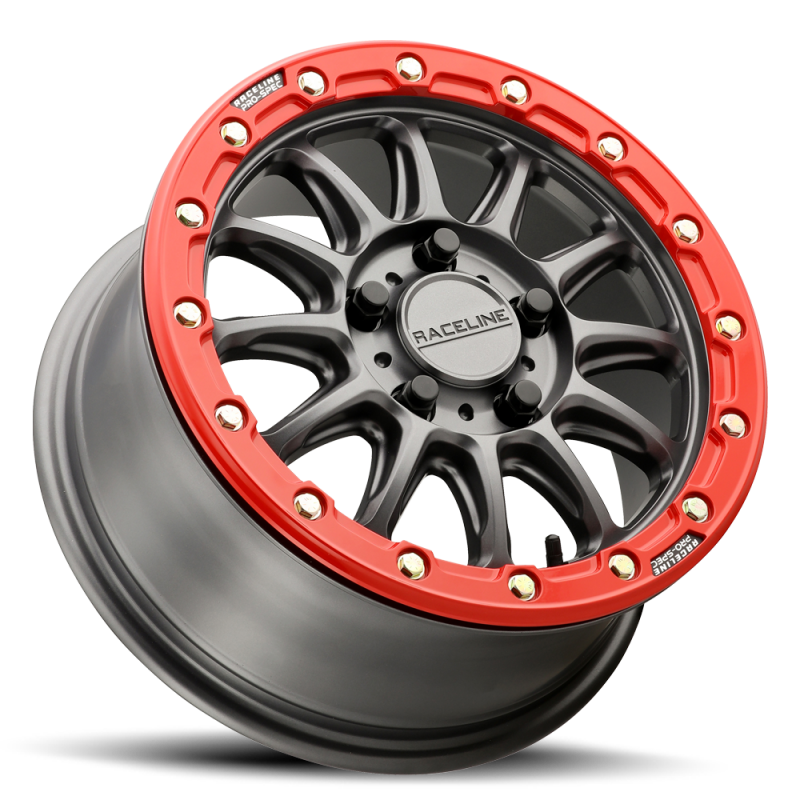 Raceline A14GR Alpha 15x7in/5x114.3 BP/53mm Offset/68mm Bore - Gunmetal & Red Ring Beadlock Wheel