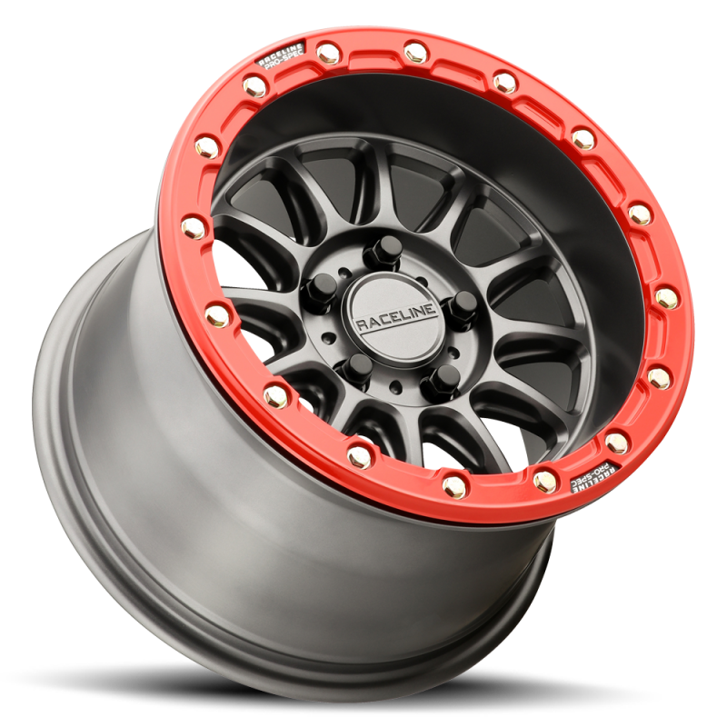 Raceline A14GR Alpha 15x7in/4x156 BP/10mm Offset/132.5mm Bore - Gunmetal & Red Ring Beadlock Wheel
