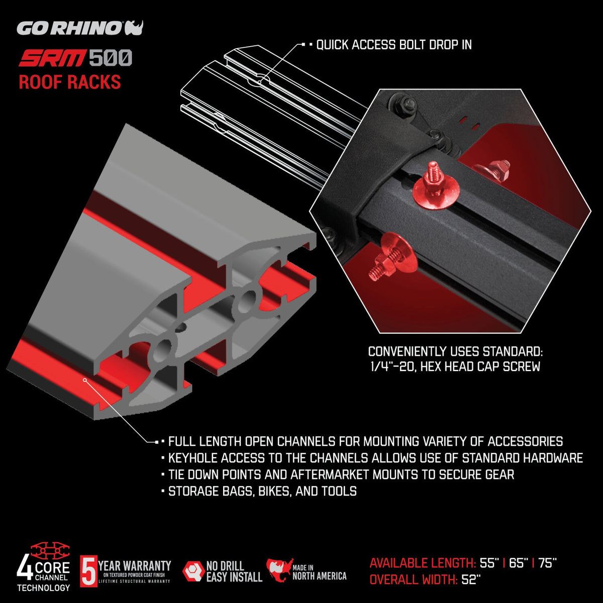 SRM500 Side & Rear Rail Kit for 55 Inch Long Rack Textured Black Go Rhino