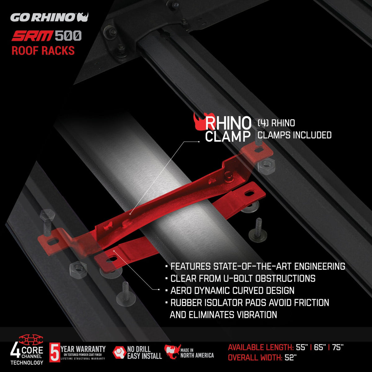 SRM500 Side & Rear Rail Kit for 65 Inch Long Rack Textured Black Go Rhino