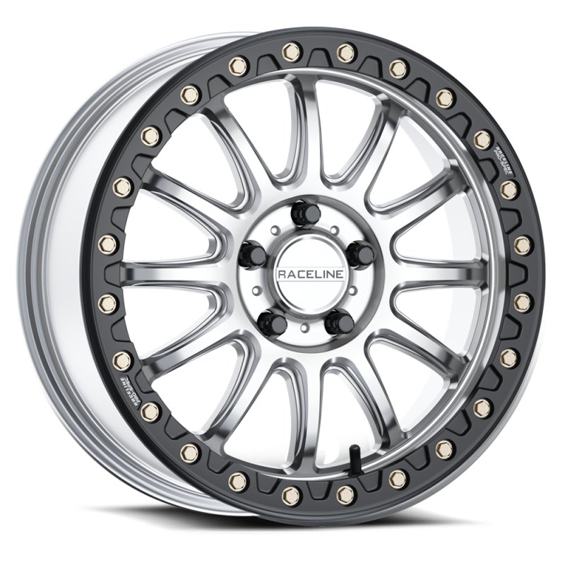 Raceline A14SB Alpha 17x7in/5x114.3 BP/40mm Offset/68mm Bore - Silver & Blk Ring Beadlock Wheel