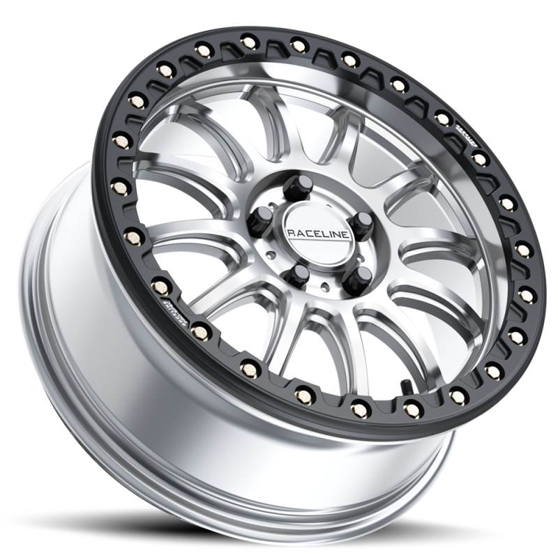 Raceline A14SB Alpha 17x7in/5x114.3 BP/40mm Offset/68mm Bore - Silver & Blk Ring Beadlock Wheel