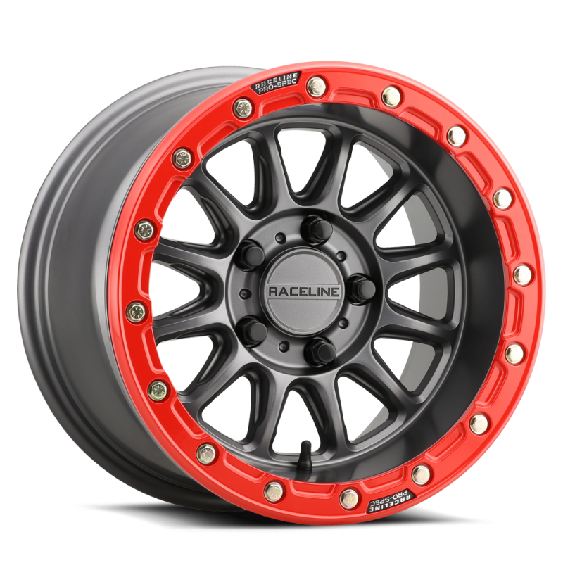 Raceline A14GR Alpha 15x7in/4x156 BP/10mm Offset/132.5mm Bore - Gunmetal & Red Ring Beadlock Wheel
