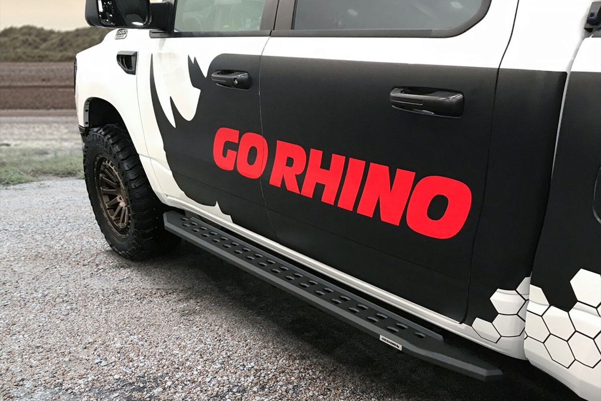 RB10 Slim Line Running Boards With Mounting Brackets Angled Textured Black 2019-2026 Ram 1500 Go Rhino