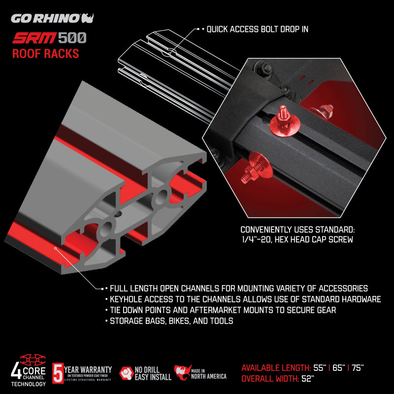 Go Rhino SRM500 Quad Rail Kit (For 65in. Long Rack) - Tex. Blk (Rails ONLY - Req. Platform)