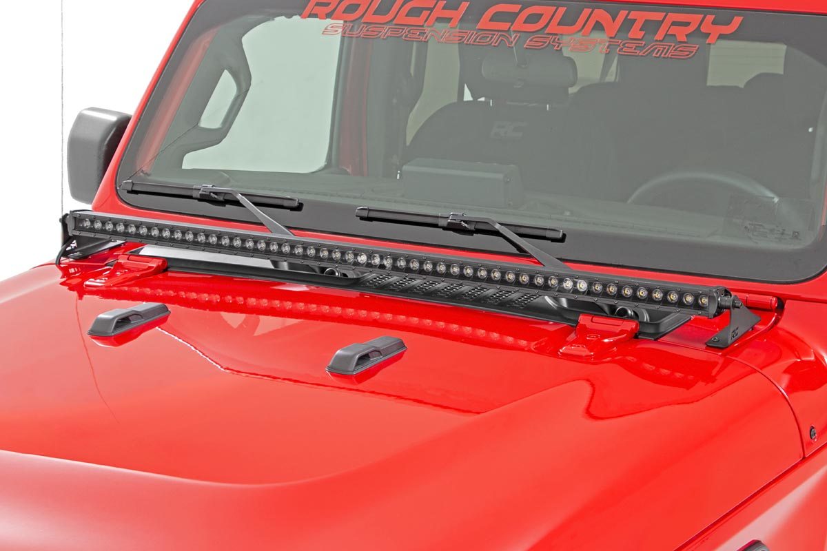 LED Light Kit Cowl Mount 50 Inch Black Single Row Jeep Gladiator JT/Wrangler JL (18-26) Rough Country