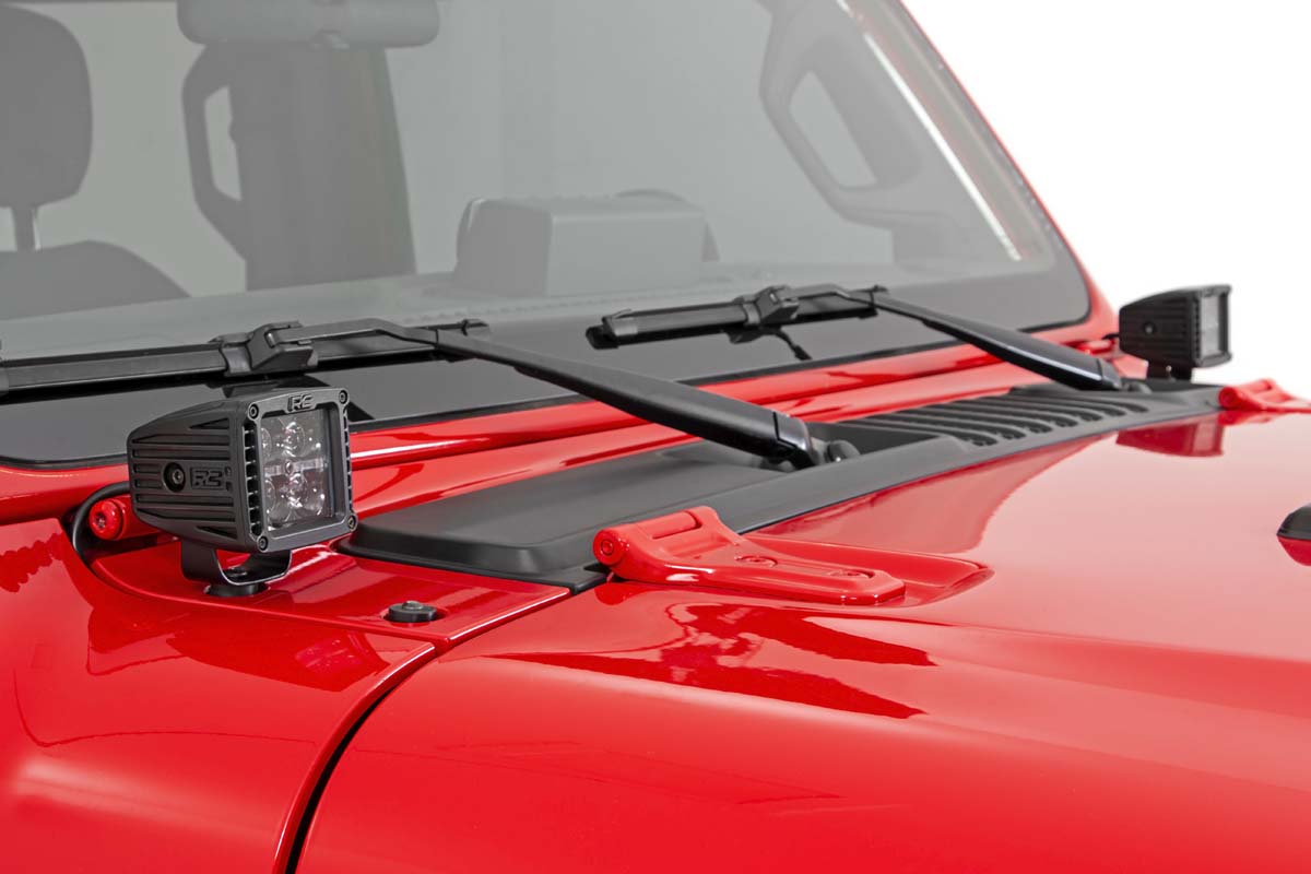 LED Light Kit Cowl Mount 2 Inch Black Pair White DRL Jeep Gladiator JT/Wrangler JL (18-26) Rough Country