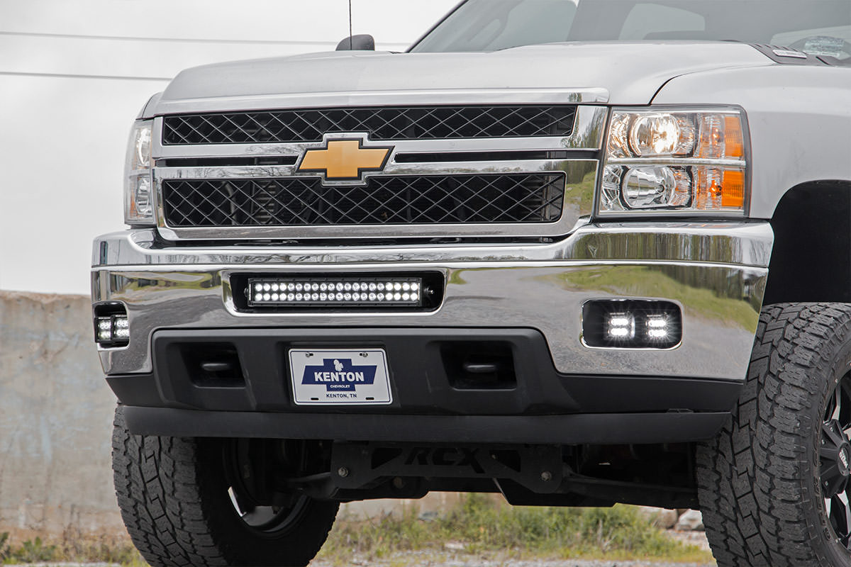 LED Light Kit Fog Mount 2 Inch Black Pair Amber DRL Chevy Silverado 2500 HD/3500 HD (11-14) Rough Country