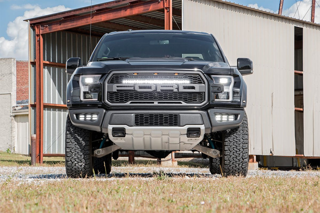 LED Light Kit Grille Mount 30 Inch Black Single Row White DRL Ford Raptor (17-20) Rough Country