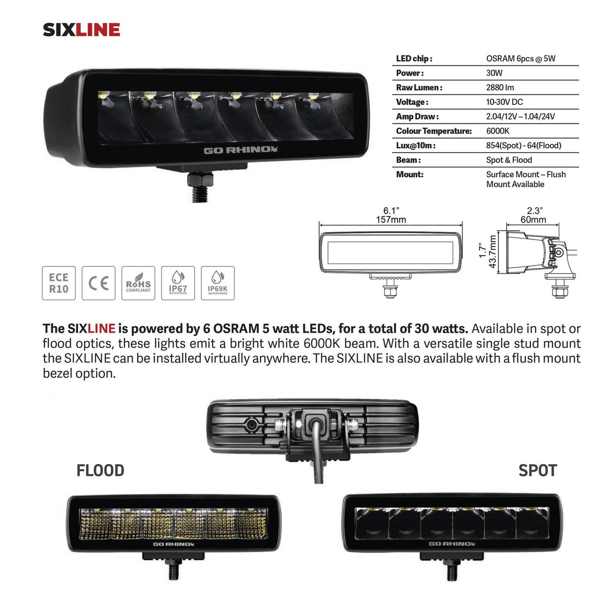 Go Rhino Blackout Series Lights Pair of Sixline LED Spot Light Kit Black Go Rhino