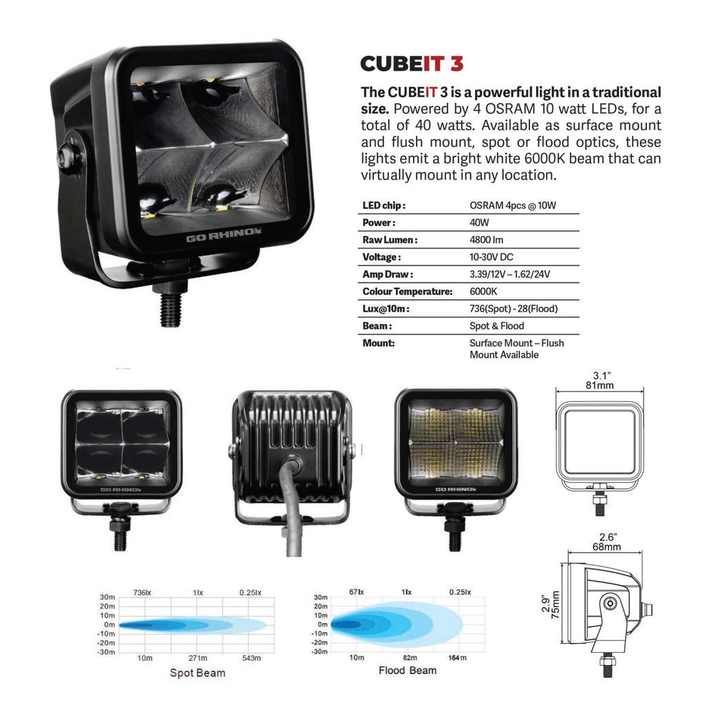 Go Rhino Blackout Series Lights Pair of 3x3 Cube LED Flood Light Kit Flush Mount Black Go Rhino