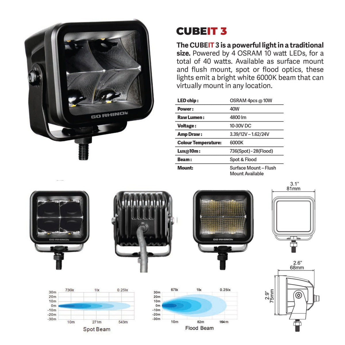 Go Rhino Blackout Series Lights Pair of 3x3 Cube LED Spot Light Kit Black Go Rhino