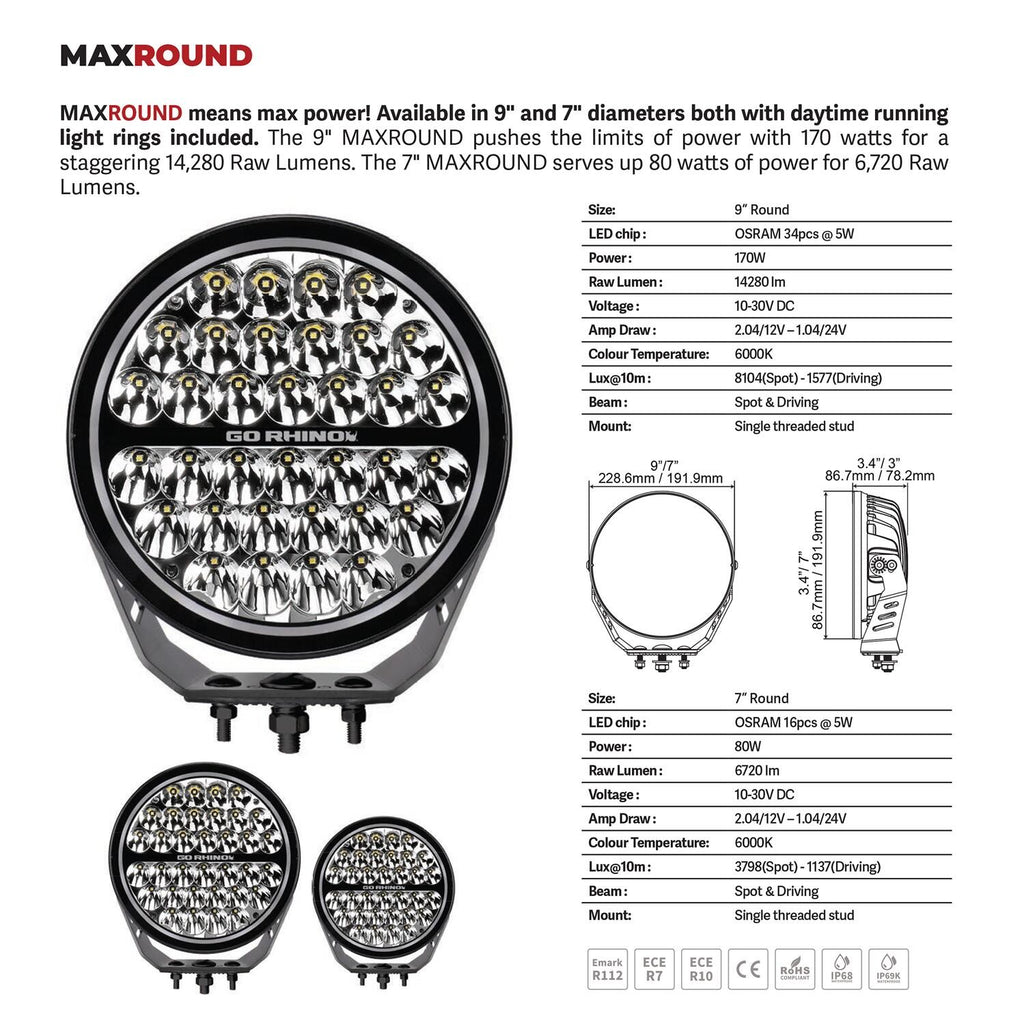 Go Rhino Blackout Series Lights 7 Inch Round LED Driving Light With Daytime Running Lights Black Go Rhino