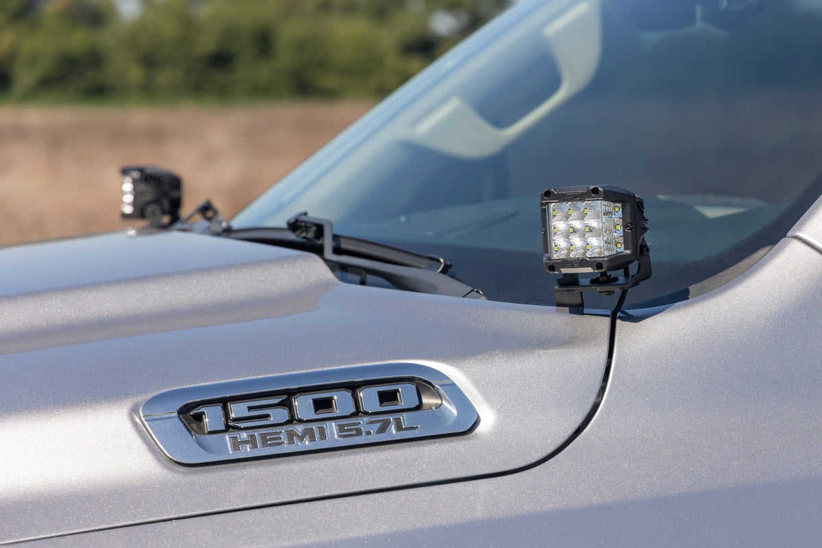 LED Light Kit Ditch Mount 2 Inch Black Pair Flood Ram 1500 2WD/4WD (19-26) Rough Country