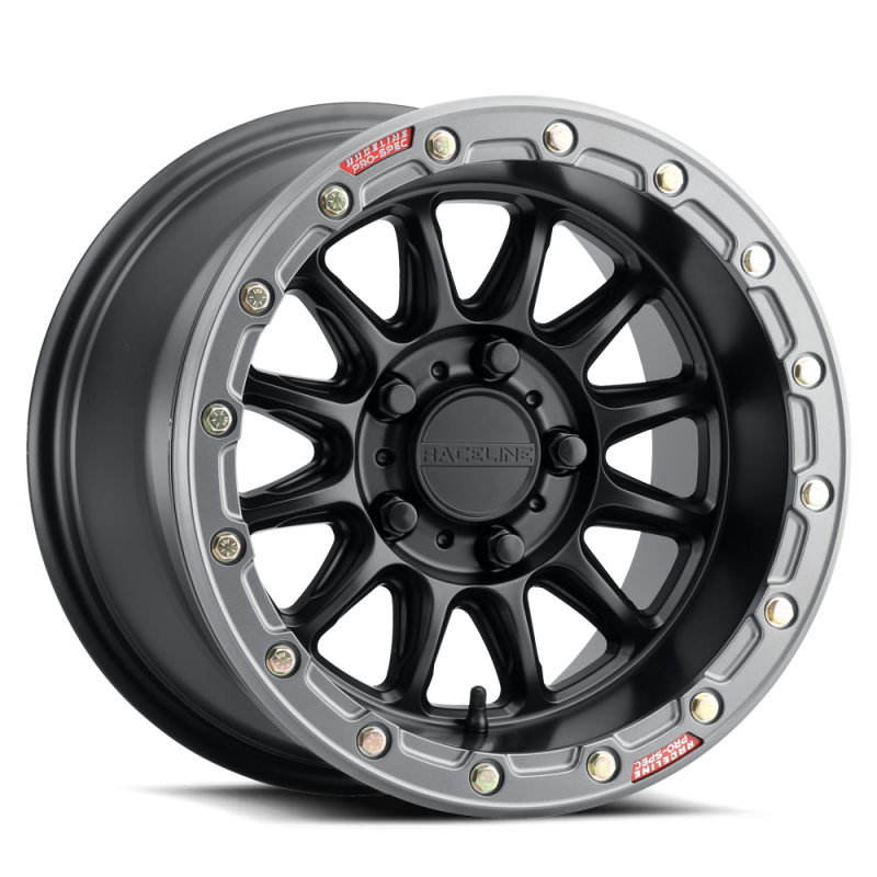 Raceline A14BG Alpha 15x10in/4x156 BP/10mm Offset/132.5mm Bore- Blk & Gunmetal Ring Beadlock Wheel