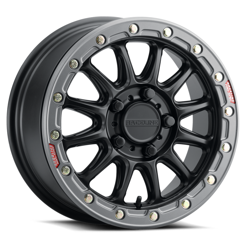 Raceline A14BG Alpha 15x10in/4x156 BP/10mm Offset/132.5mm Bore- Blk & Gunmetal Ring Beadlock Wheel