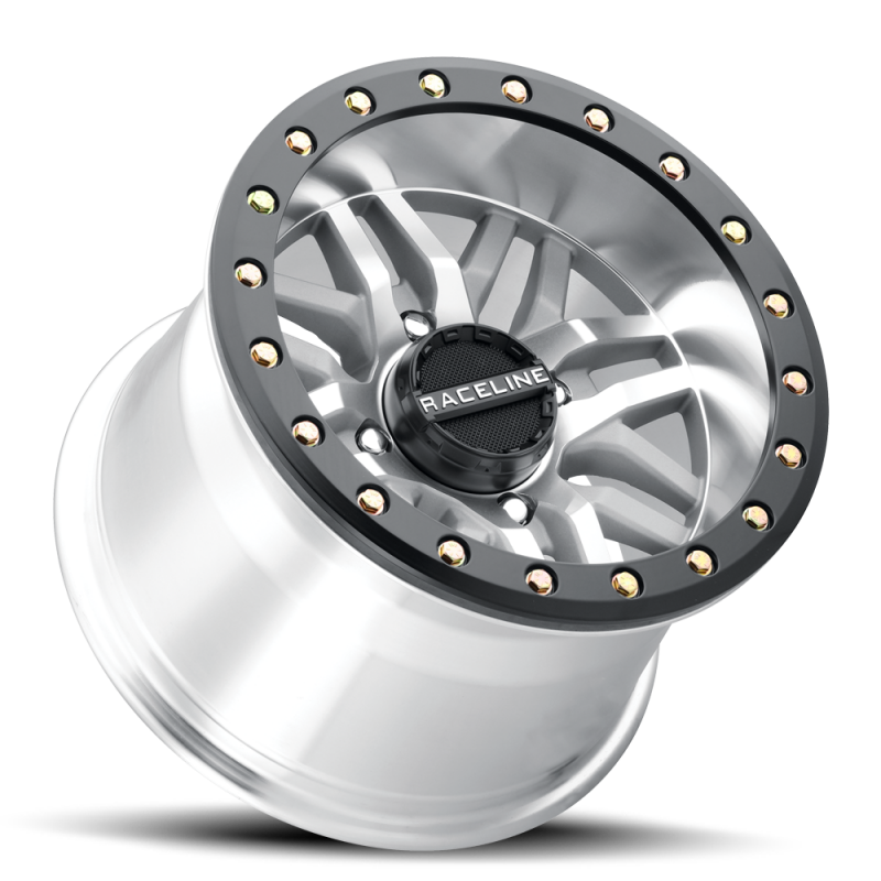 Raceline A91MA Ryno 15x10in/4x156 BP/0mm Offset/132.5mm Bore - Machined & Black Ring Beadlock Wheel