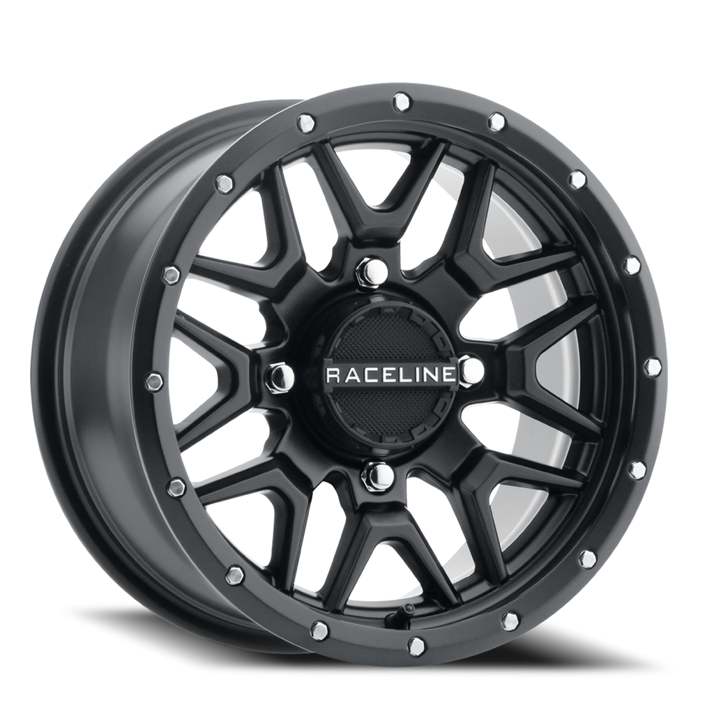 Aluminum Wheels 14x7 Krank Simulated Beadlock UTV A94B Satin Black 10 Offset 4 on 110 Bolt Pattern Raceline