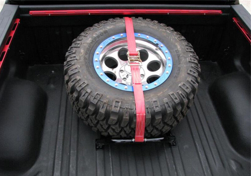 Gloss Black Bed Mounted Tire Carrier with Red Strap NFab