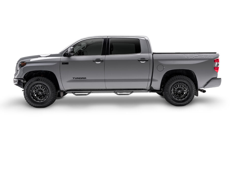 Nerf Step Bar Wheel-to-Wheel without Bed Access (2 Steps per Side) 3 Inch Main Tube Diameter 2017-2019 Chevy Silverado/GMC Sierra 2500 HD/3500 HD 6' 6 Inch Bed Crew Cab with Single Rear Wheels Gloss Black Works with DEF Tank N Fab