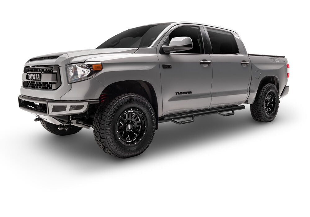 Nerf Step Bar Wheel-to-Wheel without Bed Access (2 Steps per Side) 3 Inch Main Tube Diameter 2017-2019 Chevy Silverado/GMC Sierra 2500 HD/3500 HD 6' 6 Inch Bed Crew Cab with Single Rear Wheels Gloss Black Works with DEF Tank N Fab
