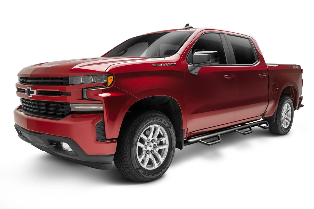 Nerf Step Bar Wheel-to-Wheel with Bed Access (3 Steps per Side) 3 Inch Main Tube Diameter 2019 (New Body Style)-2026 Chevy Silverado/GMC Sierra 5' 9 Inch Bed Crew Cab Textured Black N Fab