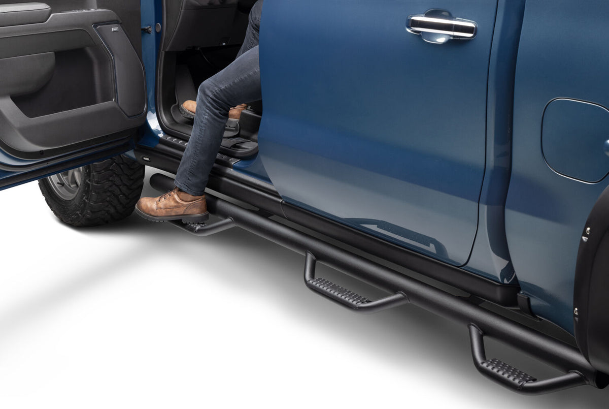 Nerf Step Bar Wheel-to-Wheel with Bed Access (3 Steps per Side) 3 Inch Main Tube Diameter 2019 (New Body Style)-2026 Chevy Silverado/GMC Sierra 5' 9 Inch Bed Crew Cab Textured Black N Fab