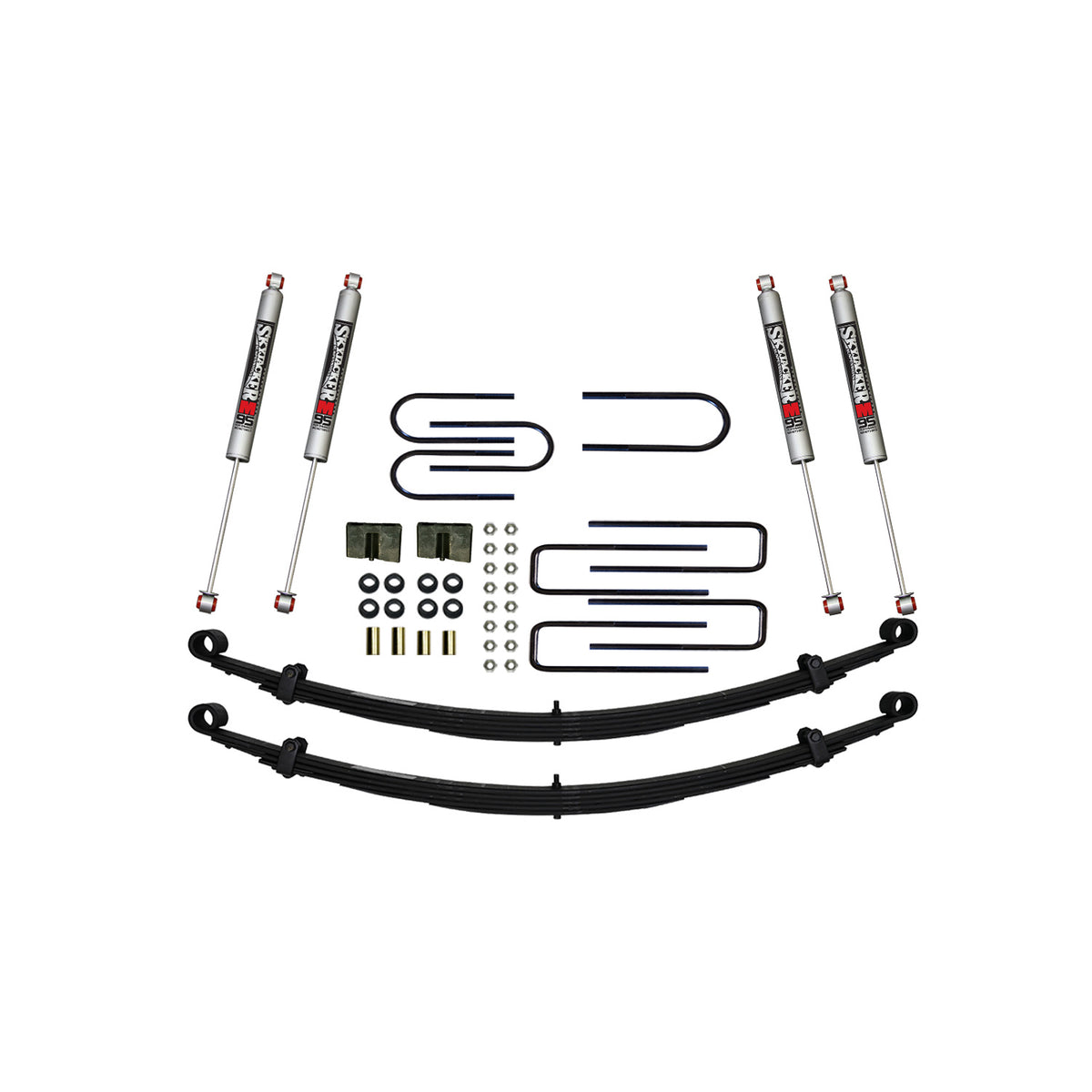 Suspension Lift Kit w/Shock M95 Performance Shocks 4 Inch Lift Incl. Front Leaf Springs Front/Rear U Bolt Kits Bushing Kits Rear Block Skyjacker
