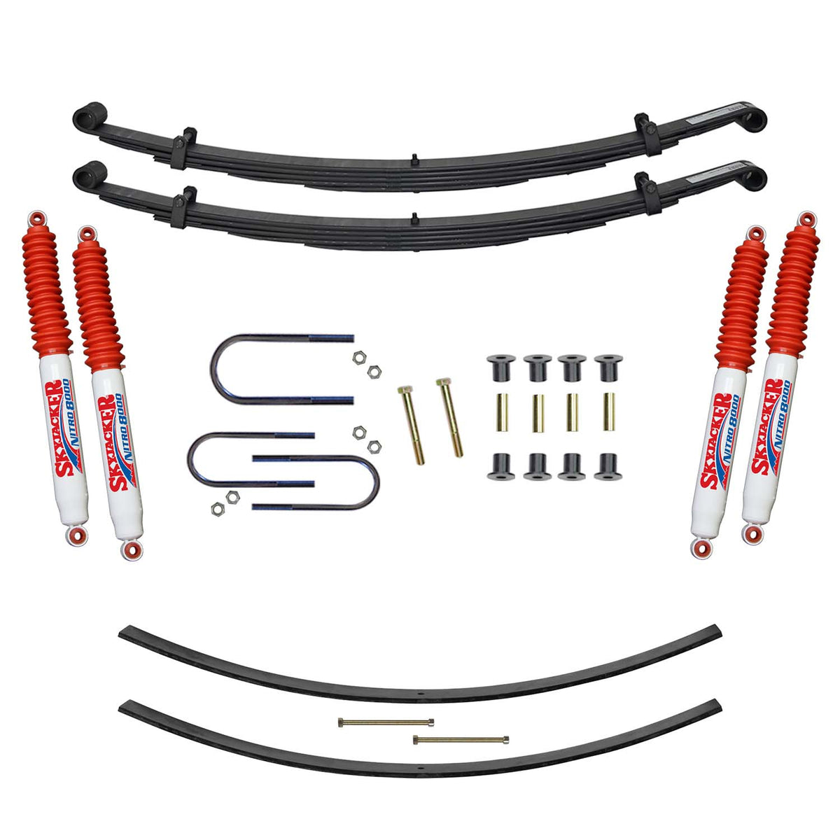 Suspension Lift Kit w/Shock Nitro Shocks 2.5 Inch Front/2 Inch Rear Lift Incl. Front Leaf Springs Front U Bolt Kit Front Bushing Kit Rear Add-A-Leafs Skyjacker