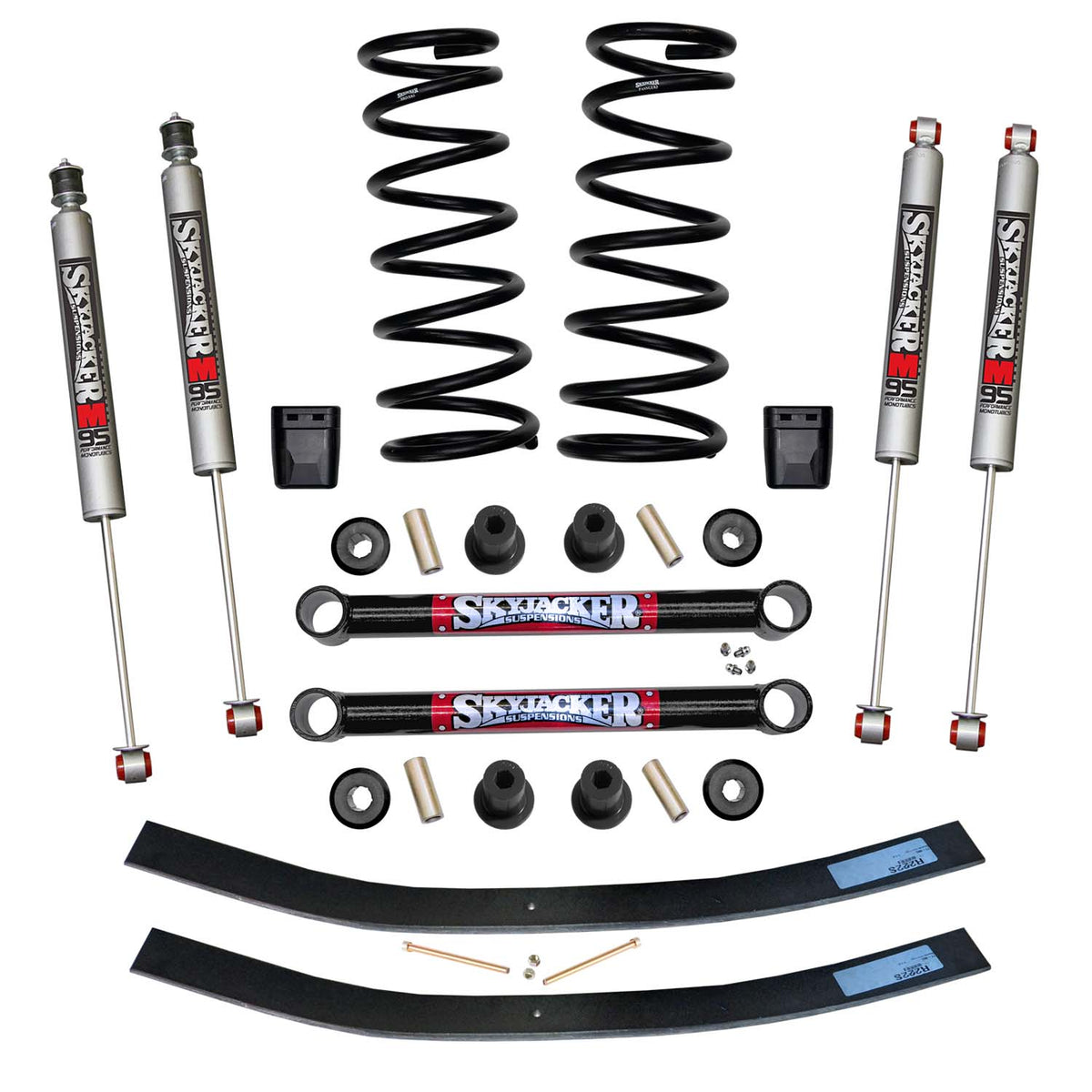 Suspension Lift Kit w/Shock M95 Performance Shocks 3 Inch Lift Incl. Front Coil Springs Rear Add-A-Leafs U Bolt Kit Lower Links
