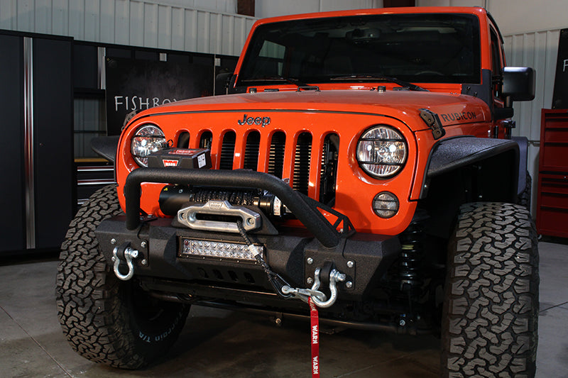 Jeep JK Front Stubby Winch Bumper W/Tube Guard 07-17 Wranger JK Black Texured Powercoated Fishbone Offroad