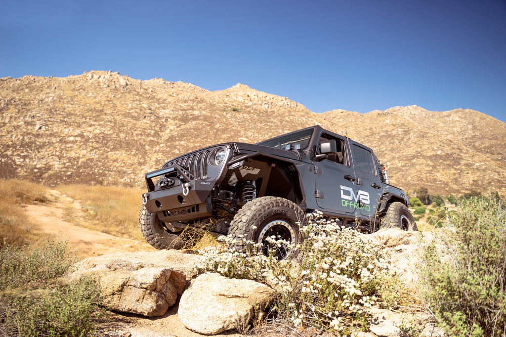 2007 2025 Jeep GladiatorJT Wrangler JK JKU JL JLU Stubby Front Bumper With Plated Bull Bar DV8 Offroad