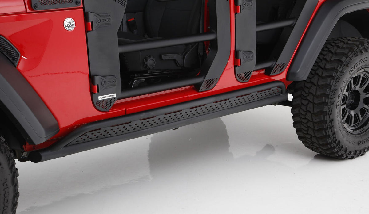 Frame Mounted Steel Rock Sliders Textured Black 18-Up Jeep Wrangler JL 4 Door Go Rhino