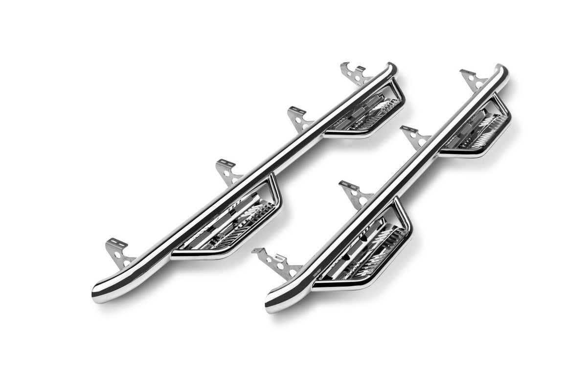 Podium Step SS Wheel-to-Wheel with Bed Access (3 Steps per Side) 3 Inch Main Tube Diameter 2015.5-2018 (2019-2024 Classic) Ram 1500/2020-2025 2500/3500 6 Foot 4 Inch Bed Crew Cab Polished Stainless NFab