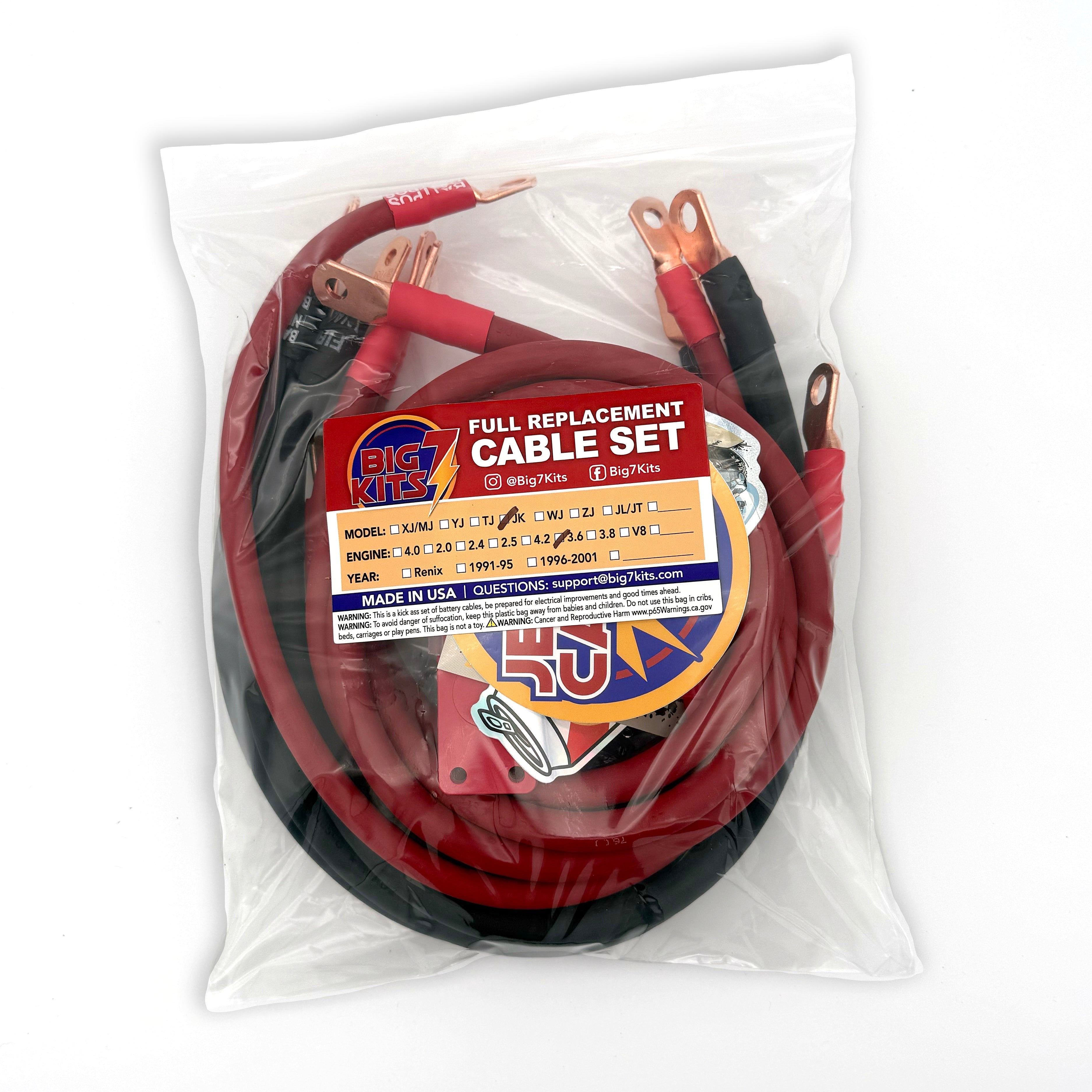 2007-2018 Jeep Wrangler JK Battery Cable Kit 3.6 Liter 1/0 Gauge Battery Cable Big7Kits
