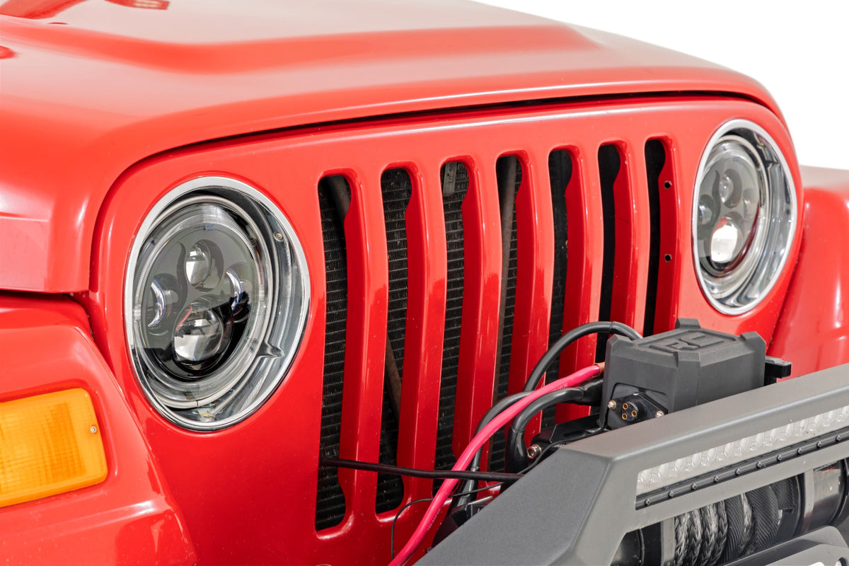 Headlights DRL Halo LED 7 Inch 97-06 Jeep Wrangler TJ 4WD Rough Country
