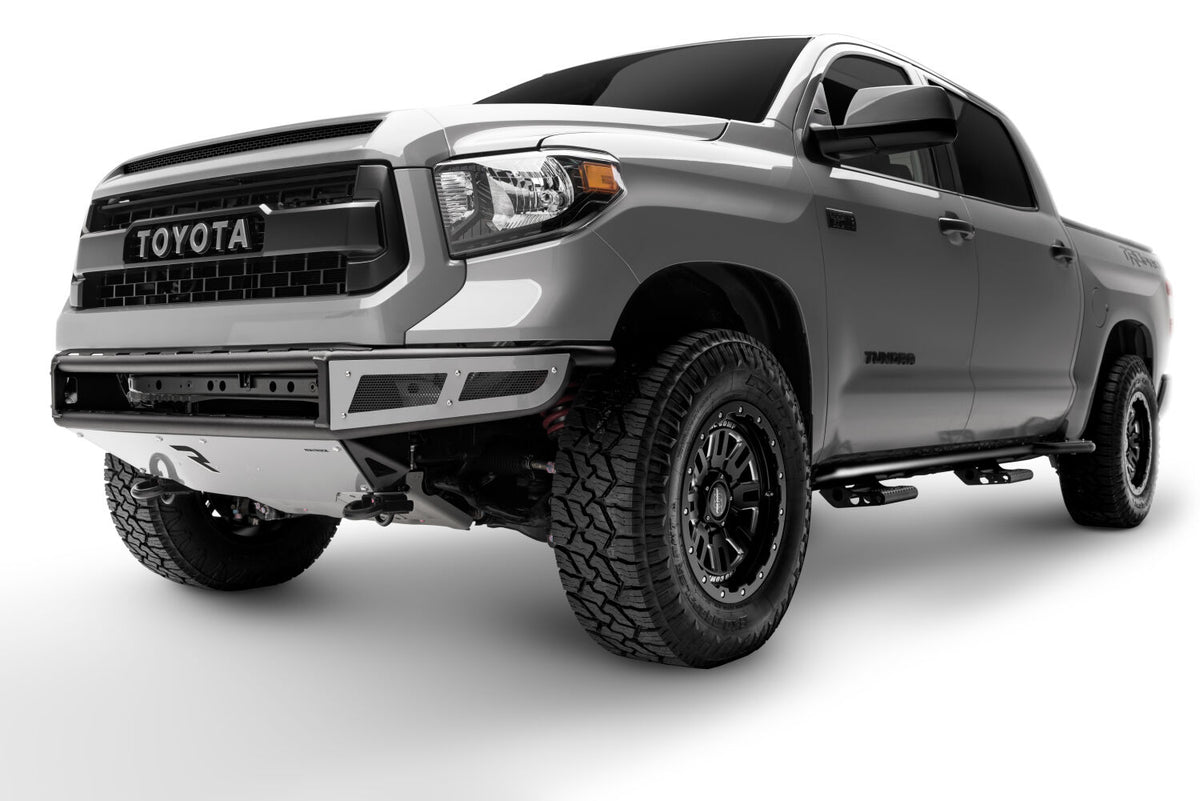 M-RDS Front Bumper Pre-Runner Radius Style 1 Piece with Integrated Brushed Aluminum Skid Plate 2014-2021 Toyota Tundra Gloss Black NFab