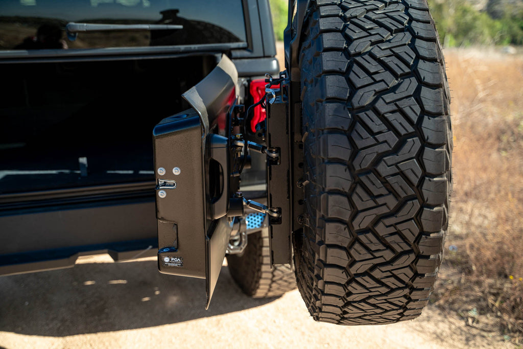 2018 2025 Jeep Wrangler JL, JLU Mto Series Bumper Spare Tire Swing Gate DV8 Offroad
