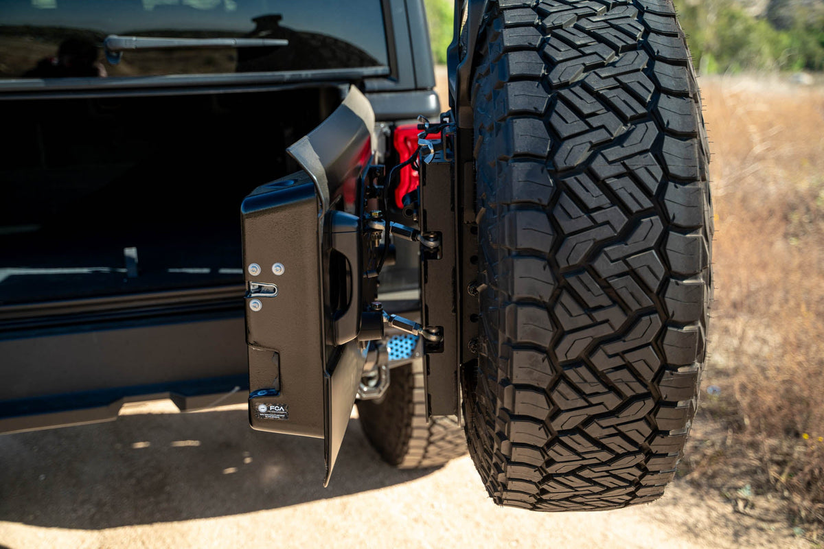 2018 2025 Jeep Wrangler JL, JLU Mto Series Bumper Spare Tire Swing Gate DV8 Offroad