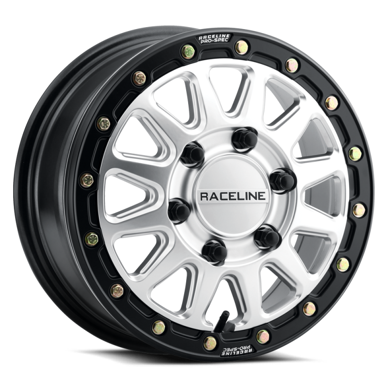 Raceline A14SB Alpha 17x7in/5x114.3 BP/40mm Offset/68mm Bore - Silver & Blk Ring Beadlock Wheel