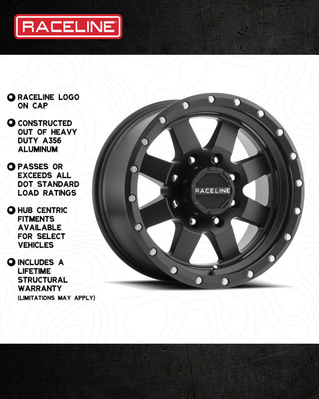 Raceline 935B Defender 18x9in / 8x165.1 BP / -12mm Offset / 130.81mm Bore - Satin Black Wheel