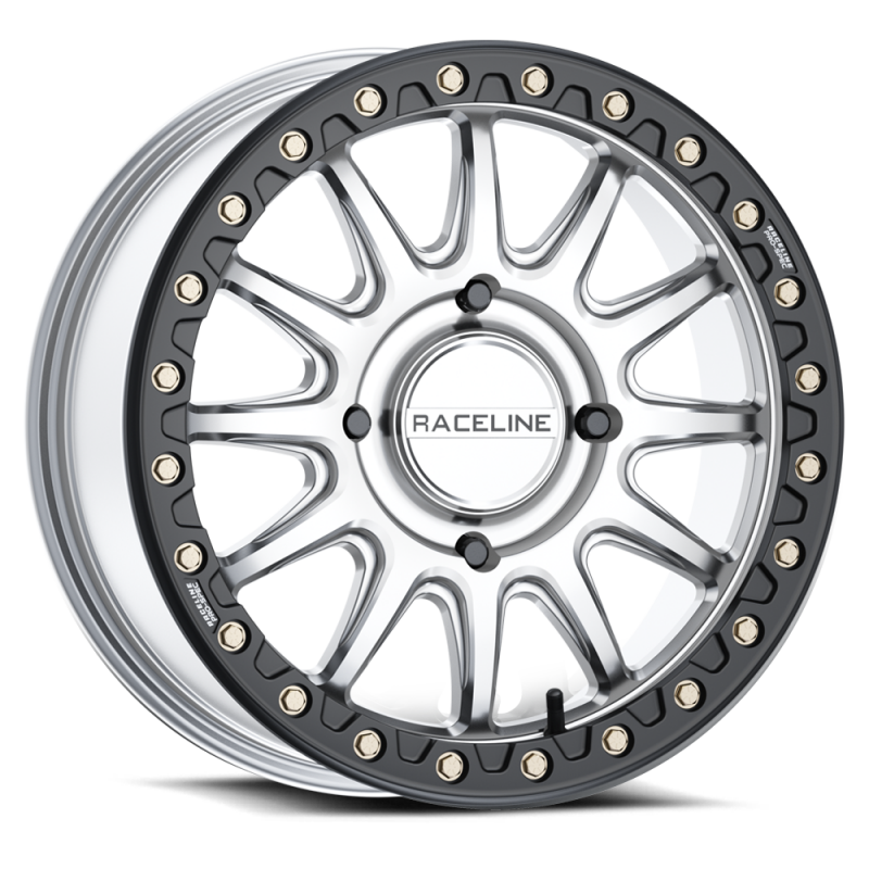 Raceline A14SB Alpha 17x7in/5x114.3 BP/40mm Offset/68mm Bore - Silver & Blk Ring Beadlock Wheel