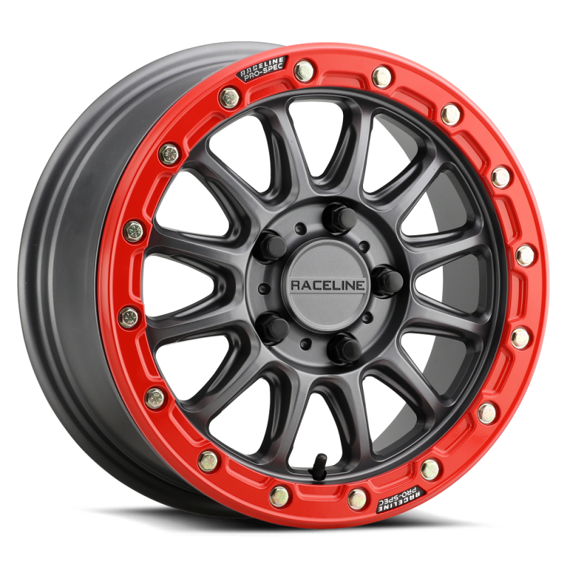 Raceline A14GR Alpha 15x10in/5x114.3 BP/25mm Offset/68mm Bore - Gunmetal & Red Ring Beadlock Wheel